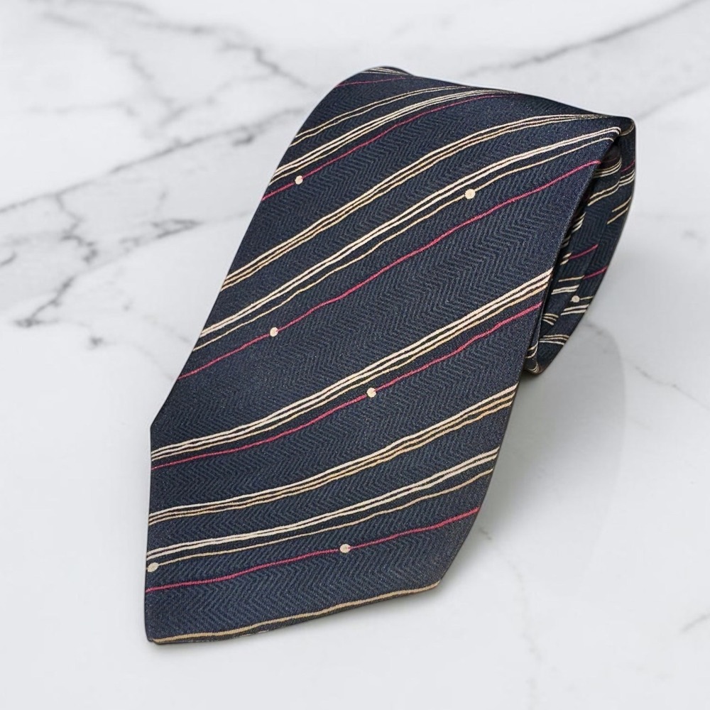 Lanvin Paris Silk Tie Navy Blue Herringbone Red Cream Diagonal Stripe Dot